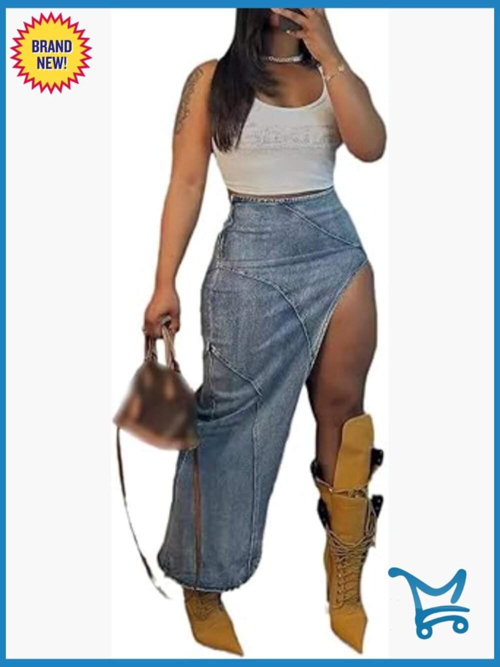 High Waist Long Denim Skirt with Side Slit - Women's Maxi Skirt
